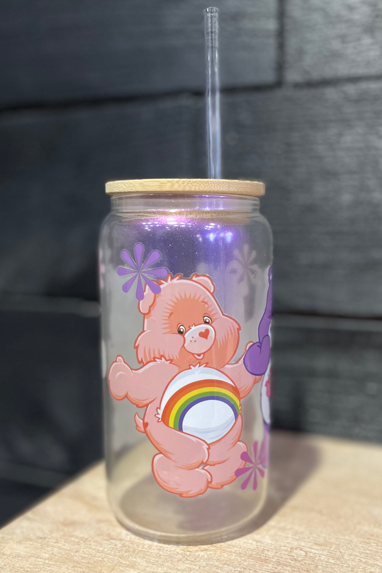 Glass Can With Bamboo Lid And Straw - Care Bears