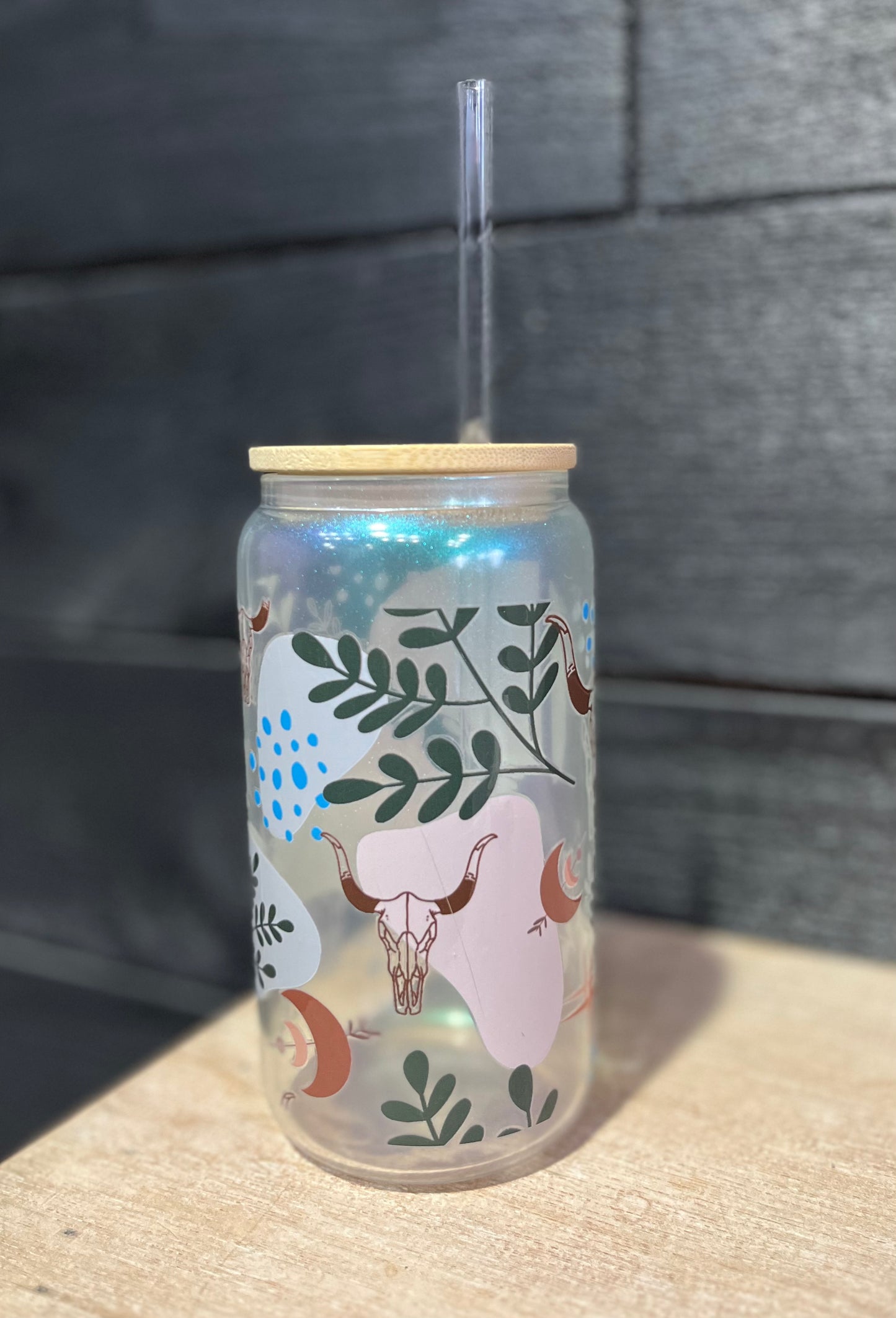 Glass Can With Bamboo Lid And Straw - COUNTRY