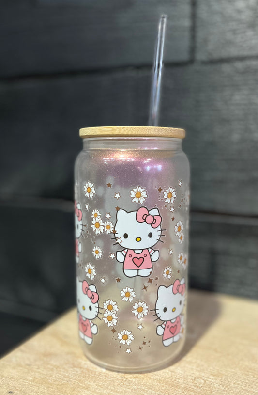 Glass Can With Bamboo Lid And Straw - HELLO KITTY