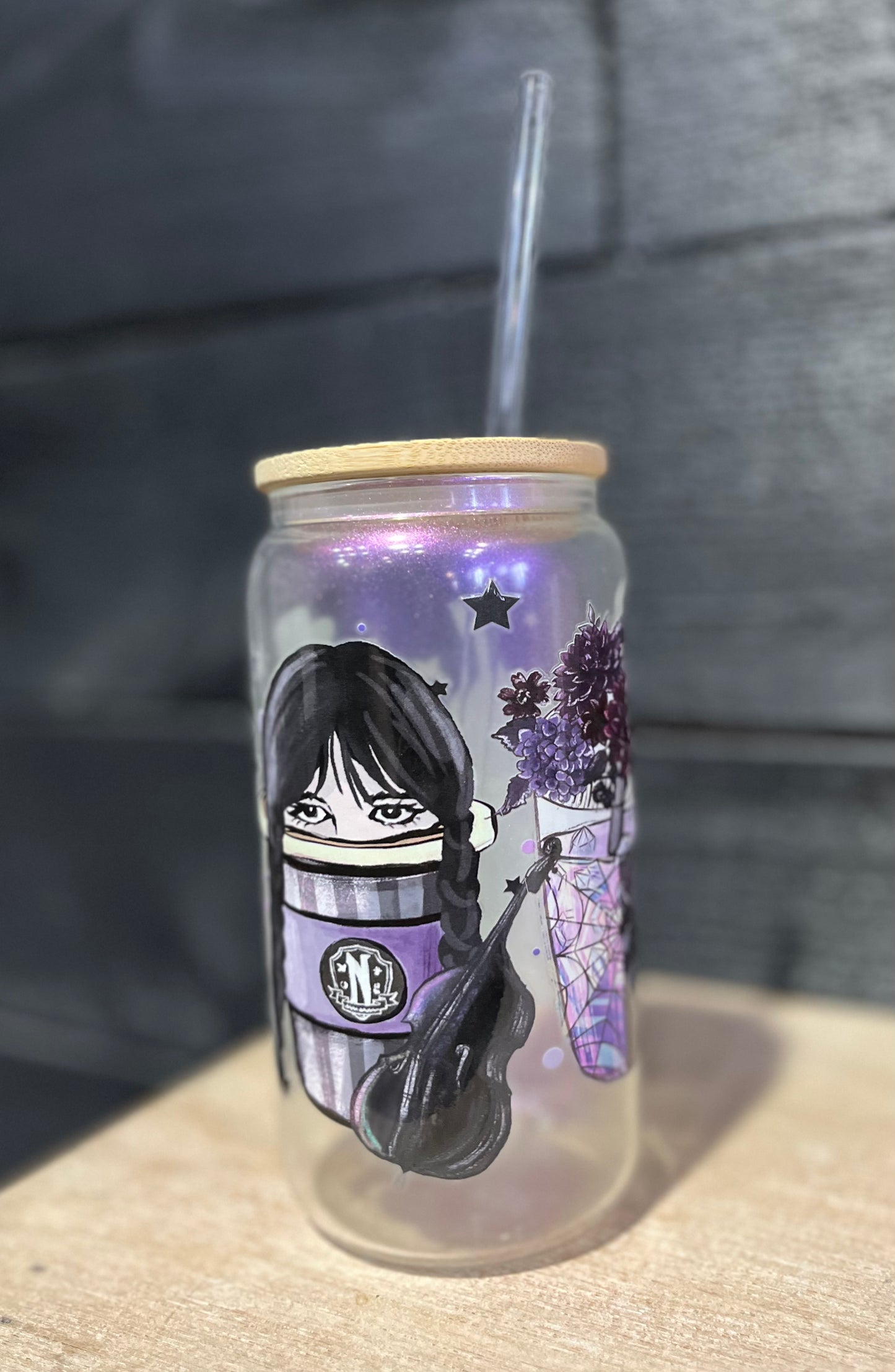 Glass Can With Bamboo Lid And Straw - Wednesday Adams