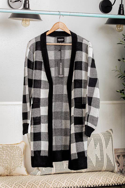 **CLEARANCE**PLAID OPEN SWEATER CARDIGAN - BLK/WHT