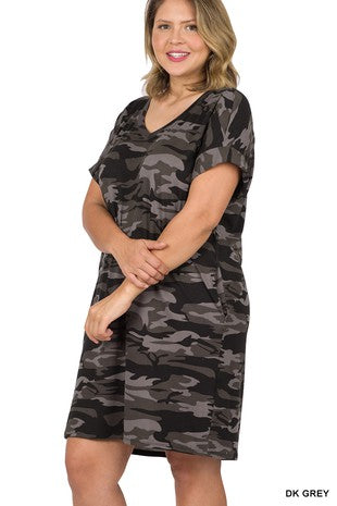 CAMOUFLAGE SHORT SLEEVE V-NECK DRESS