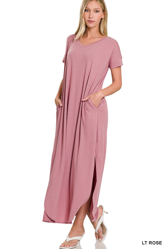 V-NECK SHORT SLEEVE MAXI DRESS