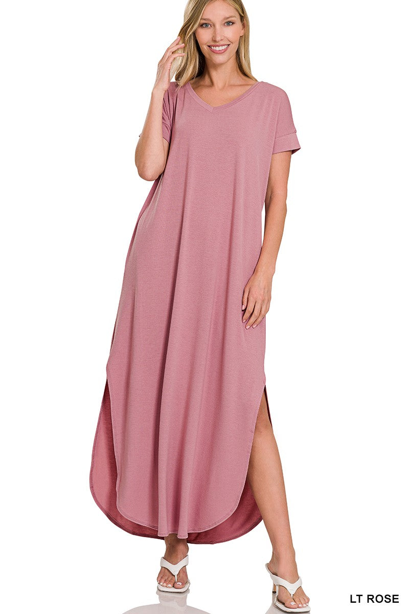 V-NECK SHORT SLEEVE MAXI DRESS