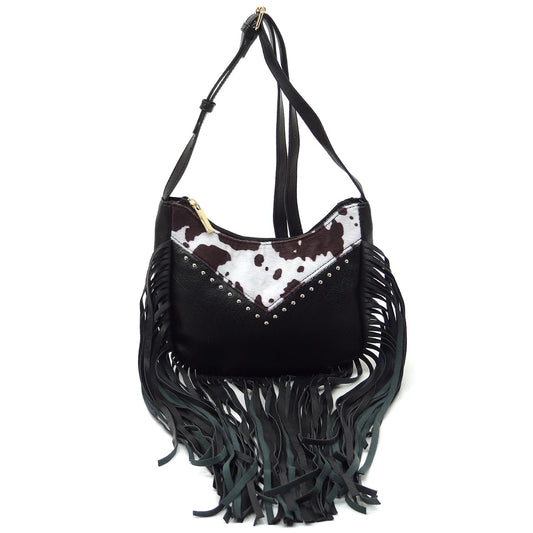 Western Cow Leopard Fringe Crossbody Bag - Black