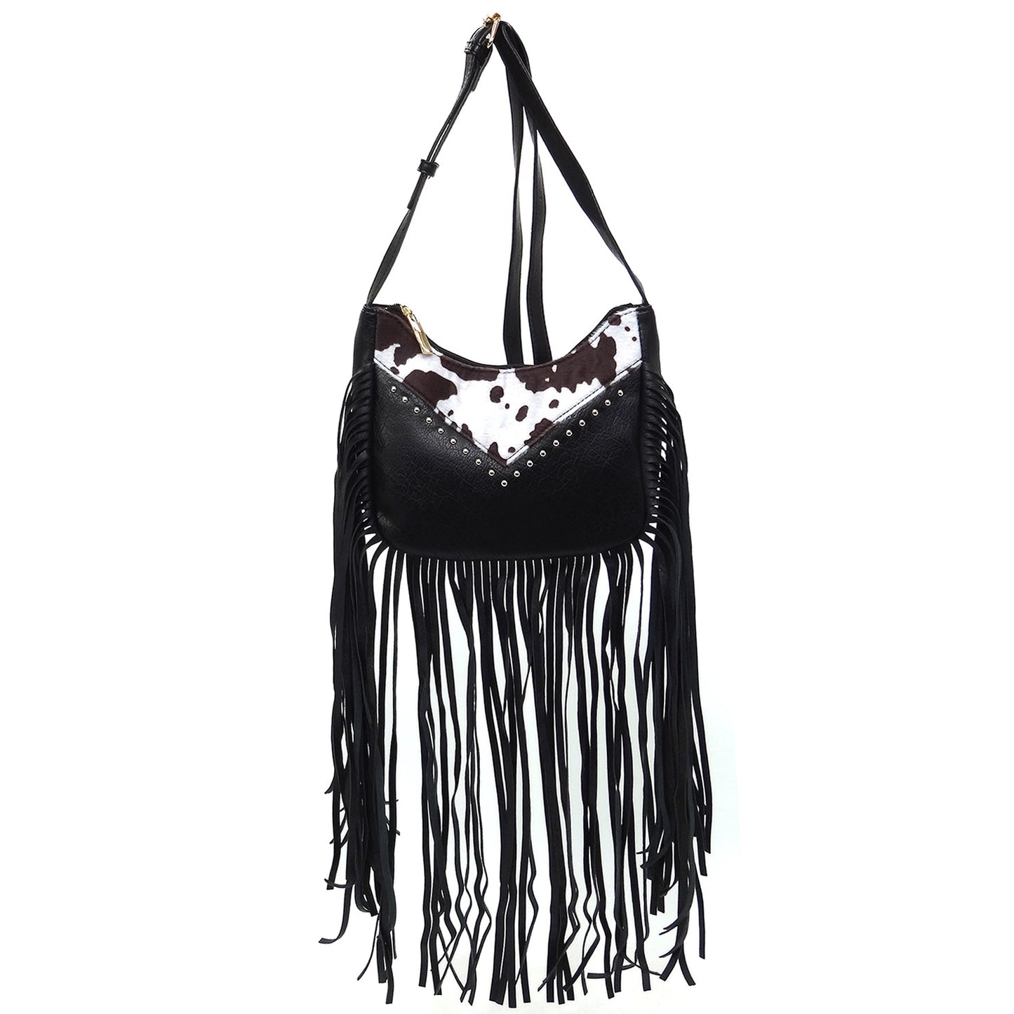 Western Cow Leopard Fringe Crossbody Bag - Black