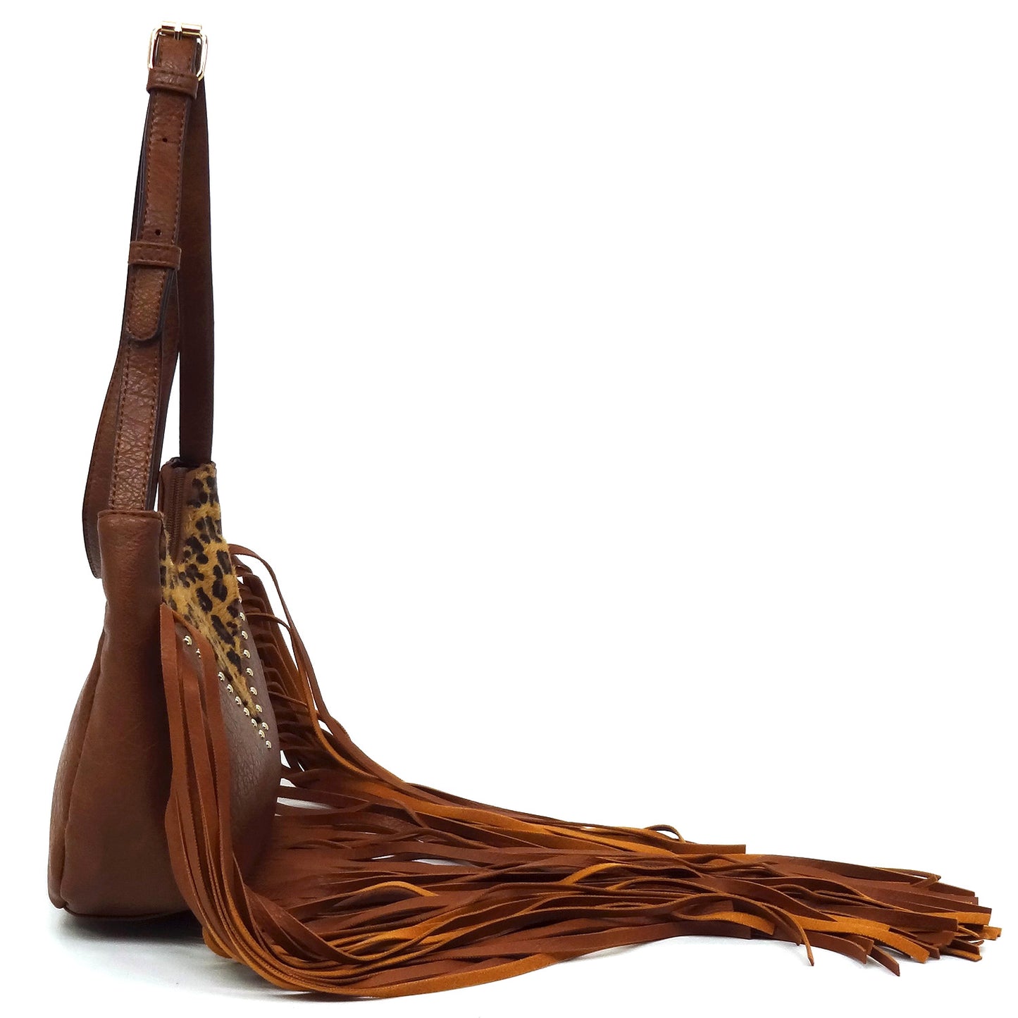 Western Cow Leopard Fringe Crossbody Bag - TAN