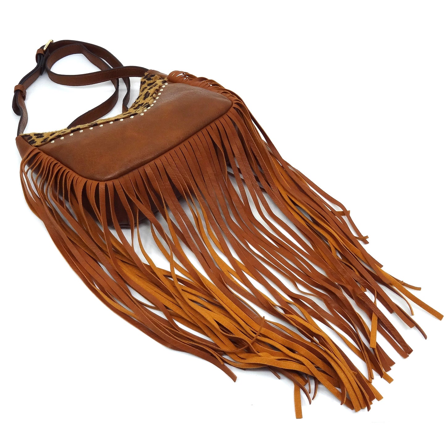 Western Cow Leopard Fringe Crossbody Bag - TAN