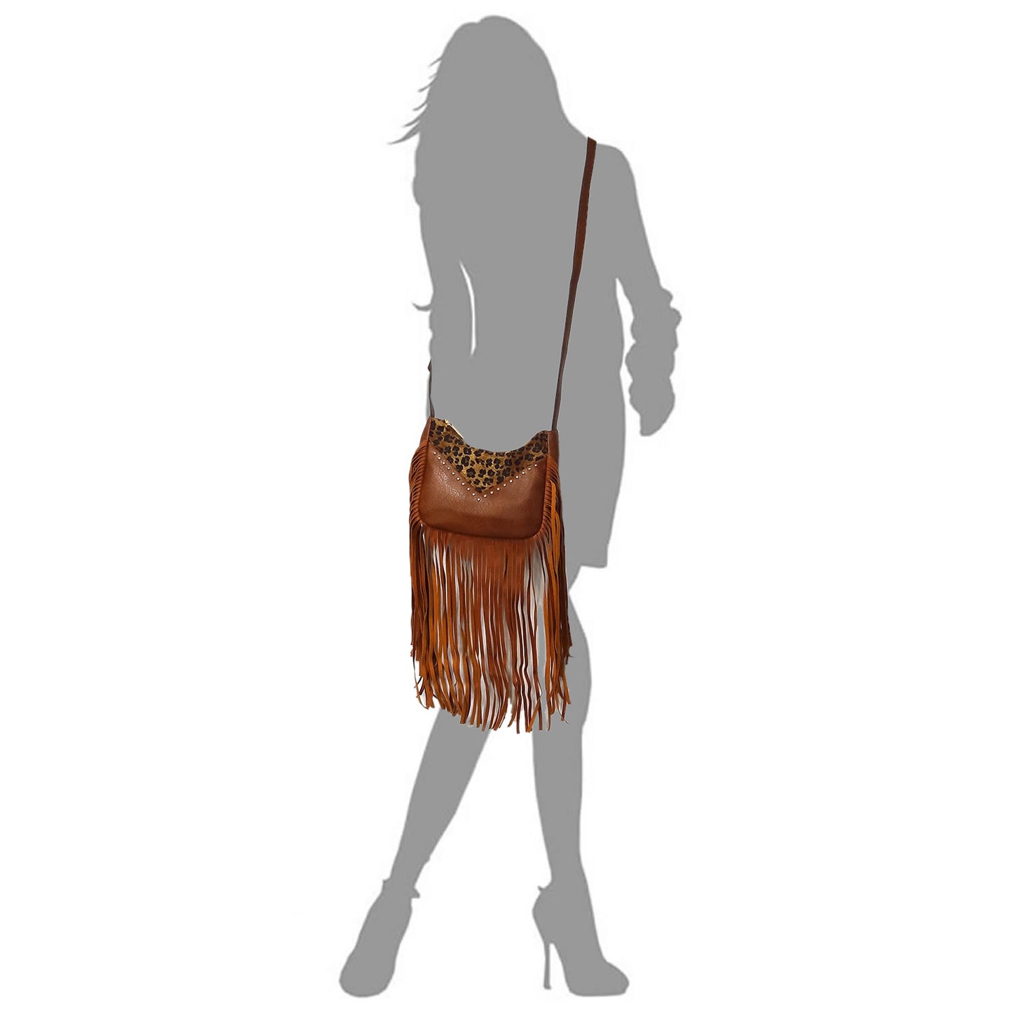 Western Cow Leopard Fringe Crossbody Bag - TAN