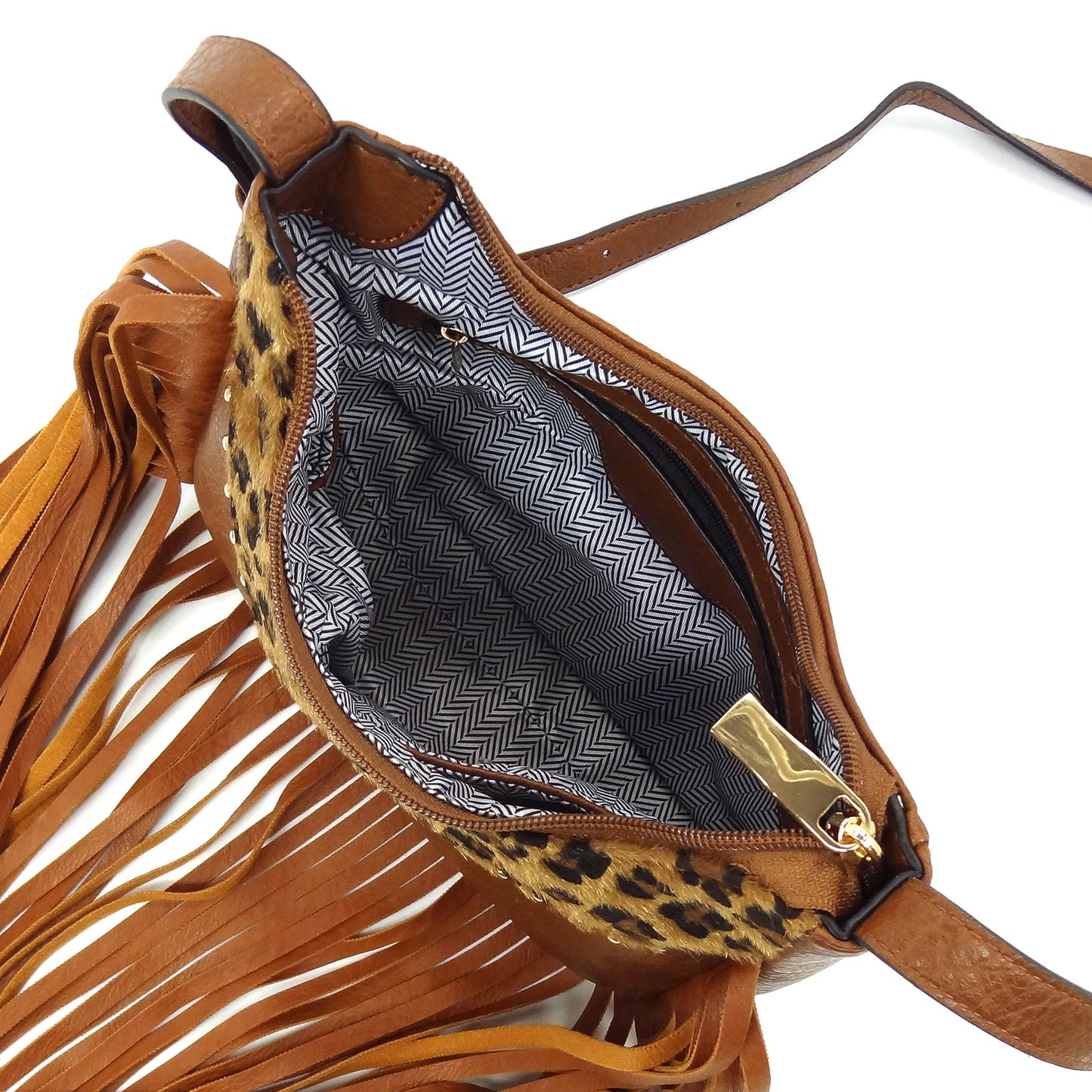 Western Cow Leopard Fringe Crossbody Bag - TAN