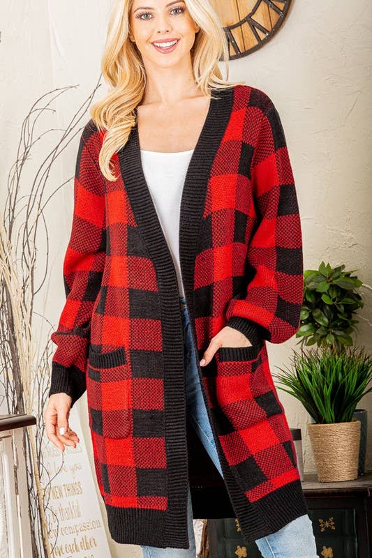 **CLEARANCE**PLAID OPEN SWEATER CARDIGAN -RED/BLK- PLUS SIZE AVAILABLE