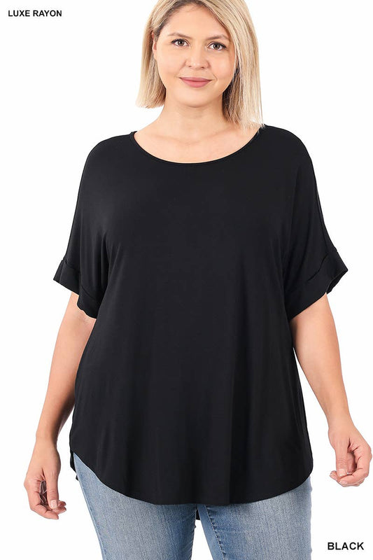 Black Luxe Rayon Rolled Sleeve Top