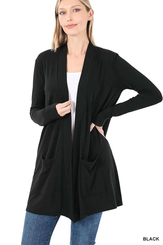 Slouchy Pocket Open Cardigan - BLACK