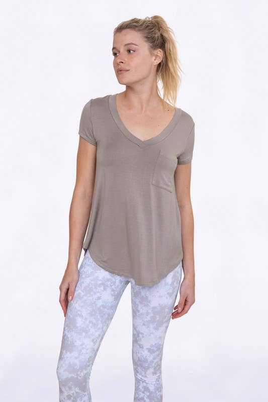 V Neck Short Sleeve Solid Front Pocket Top - CEMENT