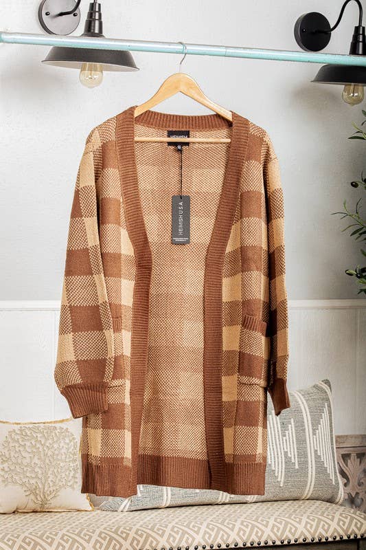 **CLEARANCE**PLAID OPEN SWEATER CARDIGAN - MOCHA - PLUS SIZES AVAILABLE