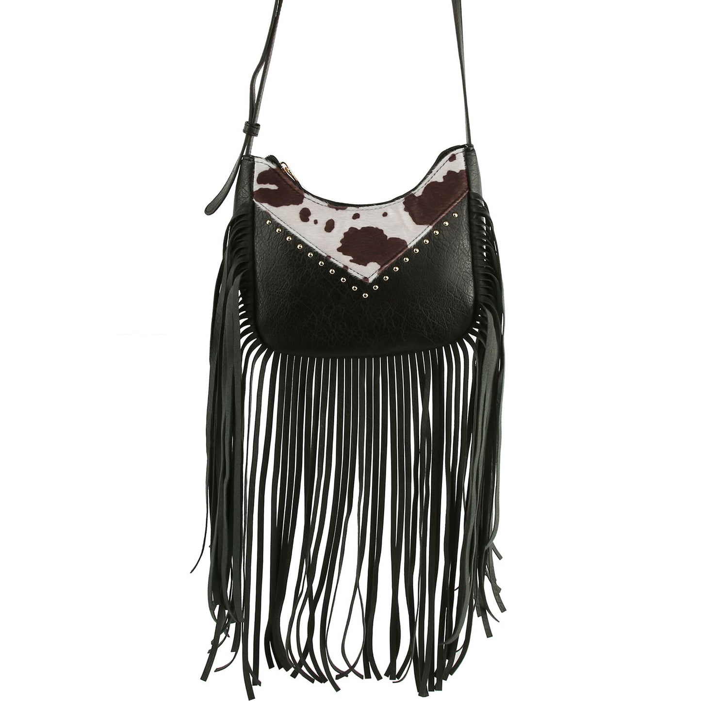 Western Cow Leopard Fringe Crossbody Bag - Black