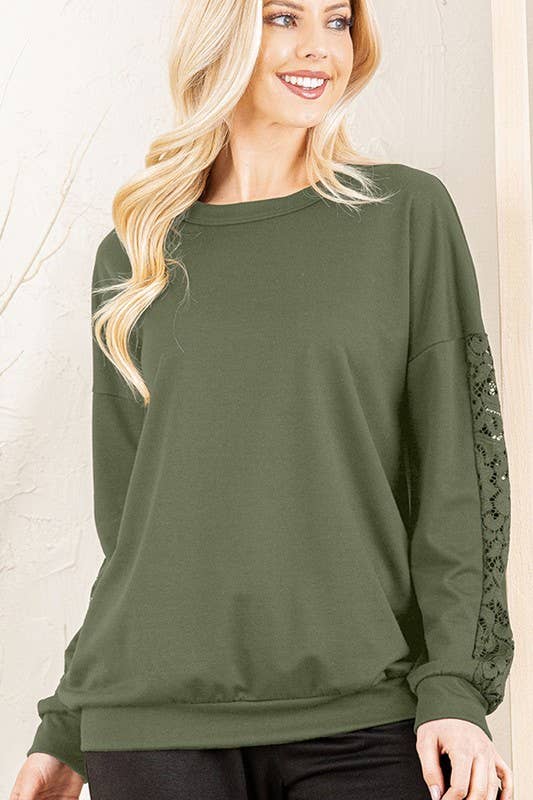 SOLID AND LACE SLEEVE TOP