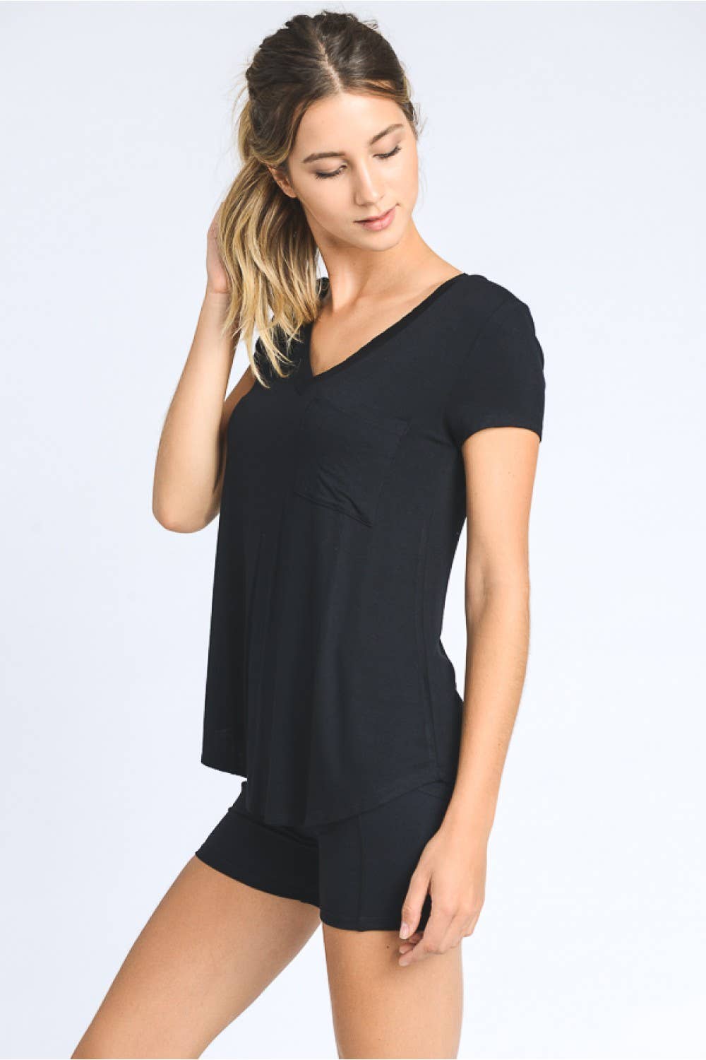 VNeck Short Sleeve Front Pocket Top | BLACK