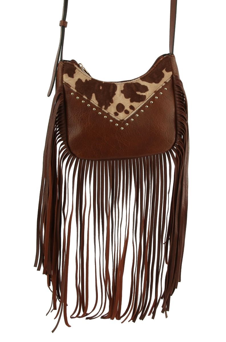 Western Cow Leopard Fringe Crossbody Bag - TAN