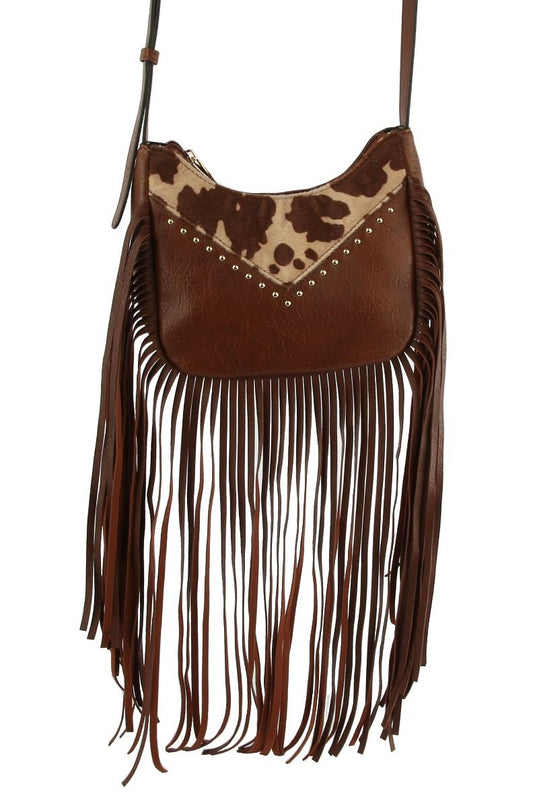 Western Cow Leopard Fringe Crossbody Bag - TAN